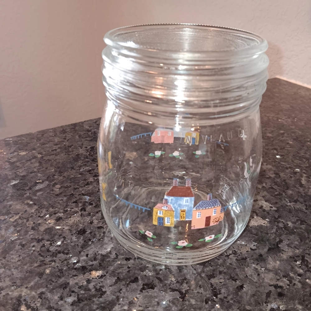 Vintage arc France Decorative Glass Jar with Colorful Farmhouse Design 6"X4"